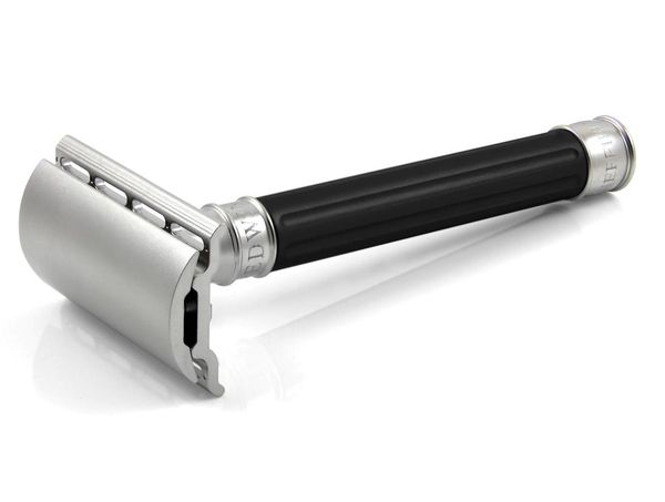 Edwin Jagger 3ONE6 Stainless Steel Safety Razor, Grooved, Anodised Black