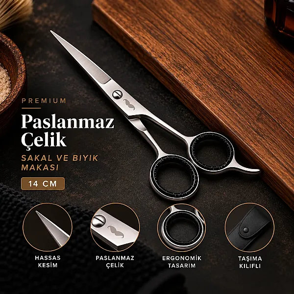 Pasha Shaving Premium Paslanmaz Çelik Sakal ve Bıyık Makası -14 cm - Taşıma Kılıflı - 3